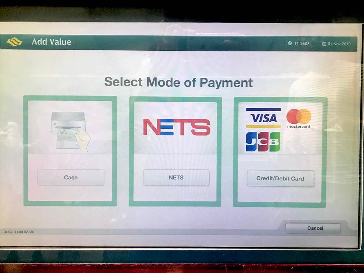シンガポールの地下鉄MRTのスタンダード・チケットの買い方。支払い方法を選択