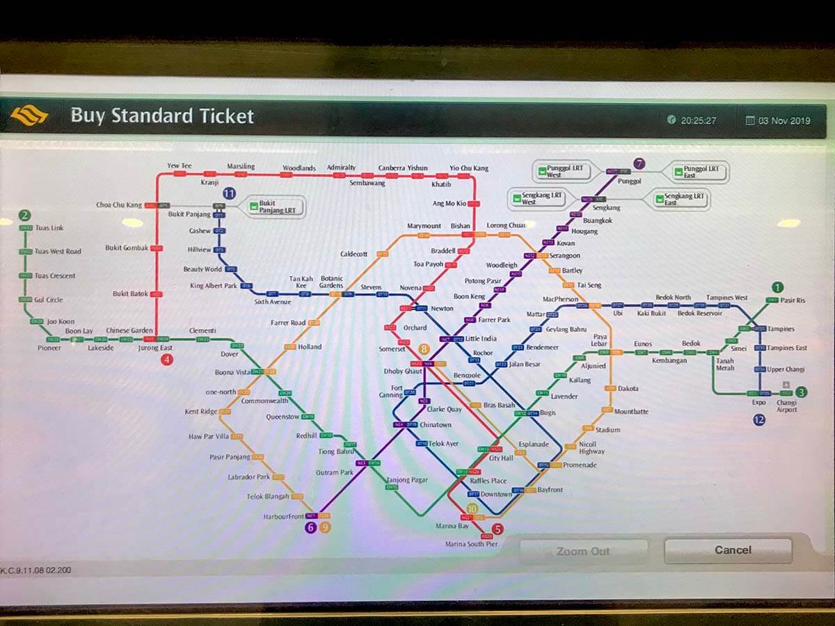シンガポールの地下鉄MRTのスタンダード・チケットの買い方。路線図が表示される